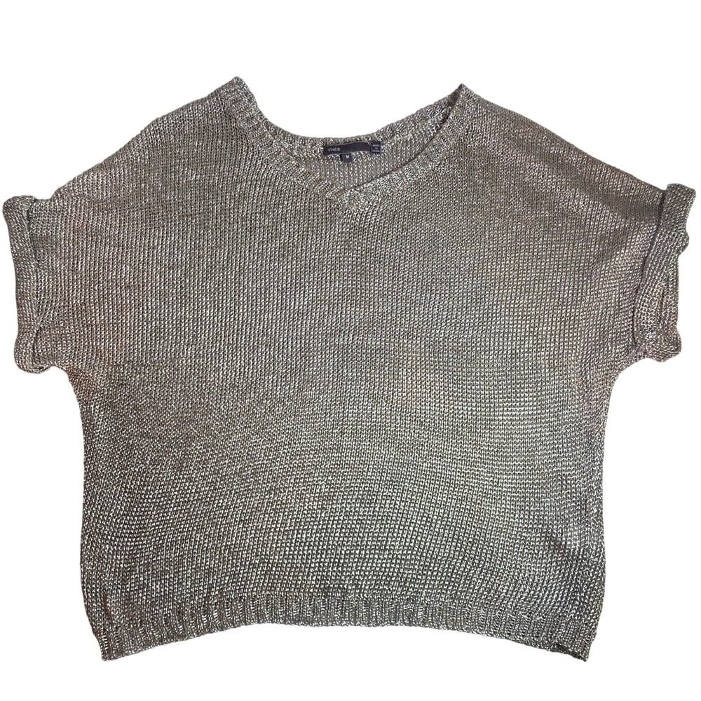 VINCE Women's M Silver Metallic Open Knit V-Neck Dolman Sleeve Sweater Glam